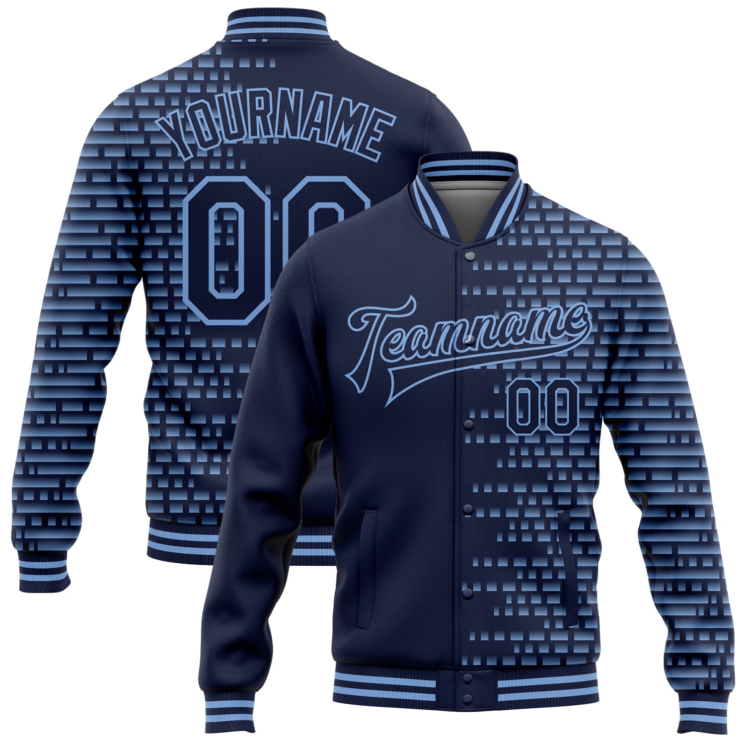 Custom Name and Number Personalized Navy Blue Halftone 3D Pattern Varsity Letterman Bomber Full-Snap Jacket Personalized
