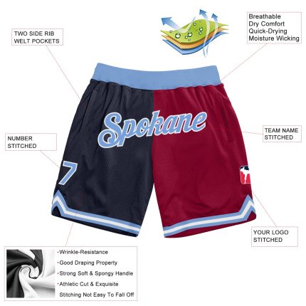 Custom Name Number Basketball Shorts - Personalized Navy Light Blue Maroon Authentic Throwback Fashion Split Design Personalized