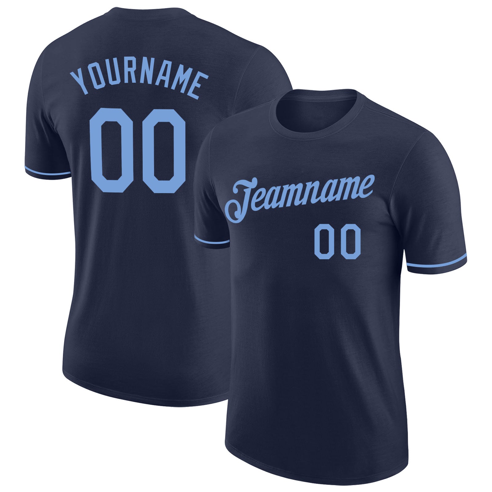 Custom Team Name Number Navy Light Blue Performance T-Shirt - Personalized Sports Tee Personalized Navy Light Blue Performance