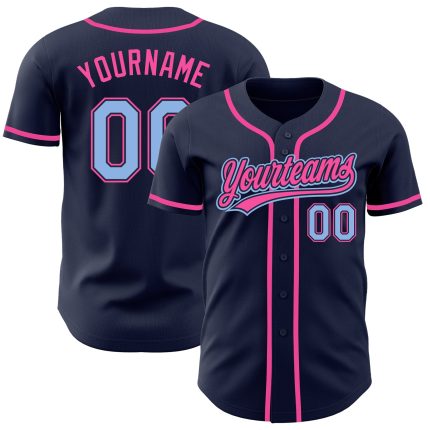 Custom Name and Number Baseball Jersey - Personalized Navy Light Blue and Pink Authentic Team Apparel Personalized Navy Light