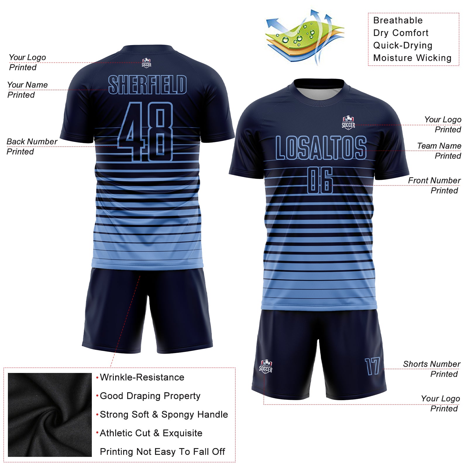 Personalized Navy Light Blue Pinstripe Fade Fashion Sublimation Soccer Uniform Jersey Team Custom Name and Number Custom Name and Number Soccer Jersey - Personalized Navy Light Blue Pinstripe Fade Fashion Sublimation Uniform Personalized - Image 3
