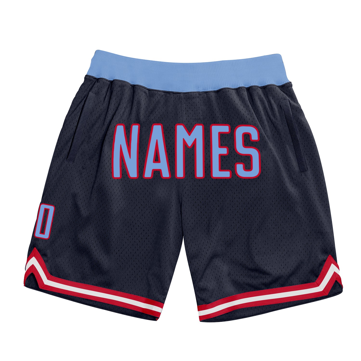 Custom Name Number Authentic Throwback Basketball Shorts - Personalized Navy Light Blue Red Team Apparel Personalized Navy