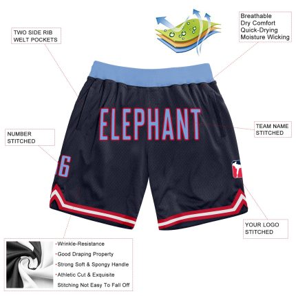 Custom Name Number Authentic Throwback Basketball Shorts - Personalized Navy Light Blue Red Team Apparel Personalized Navy