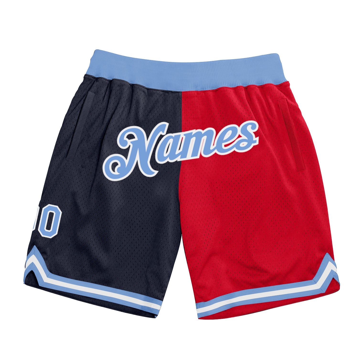 Custom Name and Number Basketball Shorts - Personalized Authentic Throwback Split Design in Navy, Light Blue, and Red Personalized