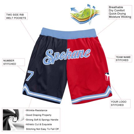 Custom Name and Number Basketball Shorts - Personalized Authentic Throwback Split Design in Navy, Light Blue, and Red Personalized