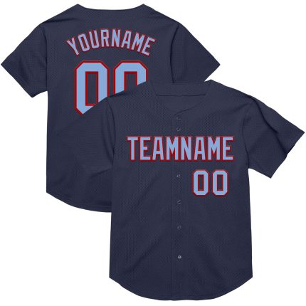 Personalized Authentic Throwback Baseball Jersey in Navy Light Blue-Red Mesh for Custom Sports Wear Personalized Navy Light