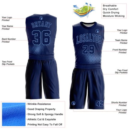 Custom Name & Number Basketball Jersey - Personalized Navy Light Blue Round Neck Sublimation Suit Personalized Navy Light