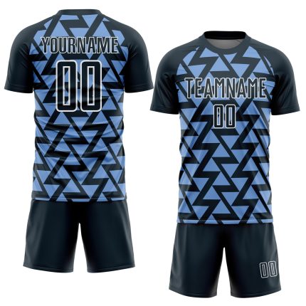 Custom Name and Number Geometric Triangles Soccer Jersey - Personalized Navy Light Blue-White Uniform Personalized Navy Light