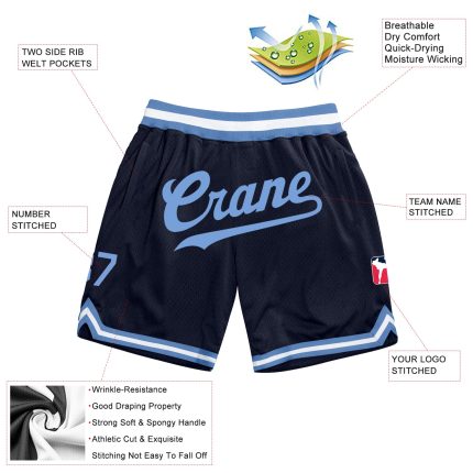 Custom Navy Light Blue-White Basketball Shorts with Team Name and Number - Authentic Throwback Design Personalized Navy Light