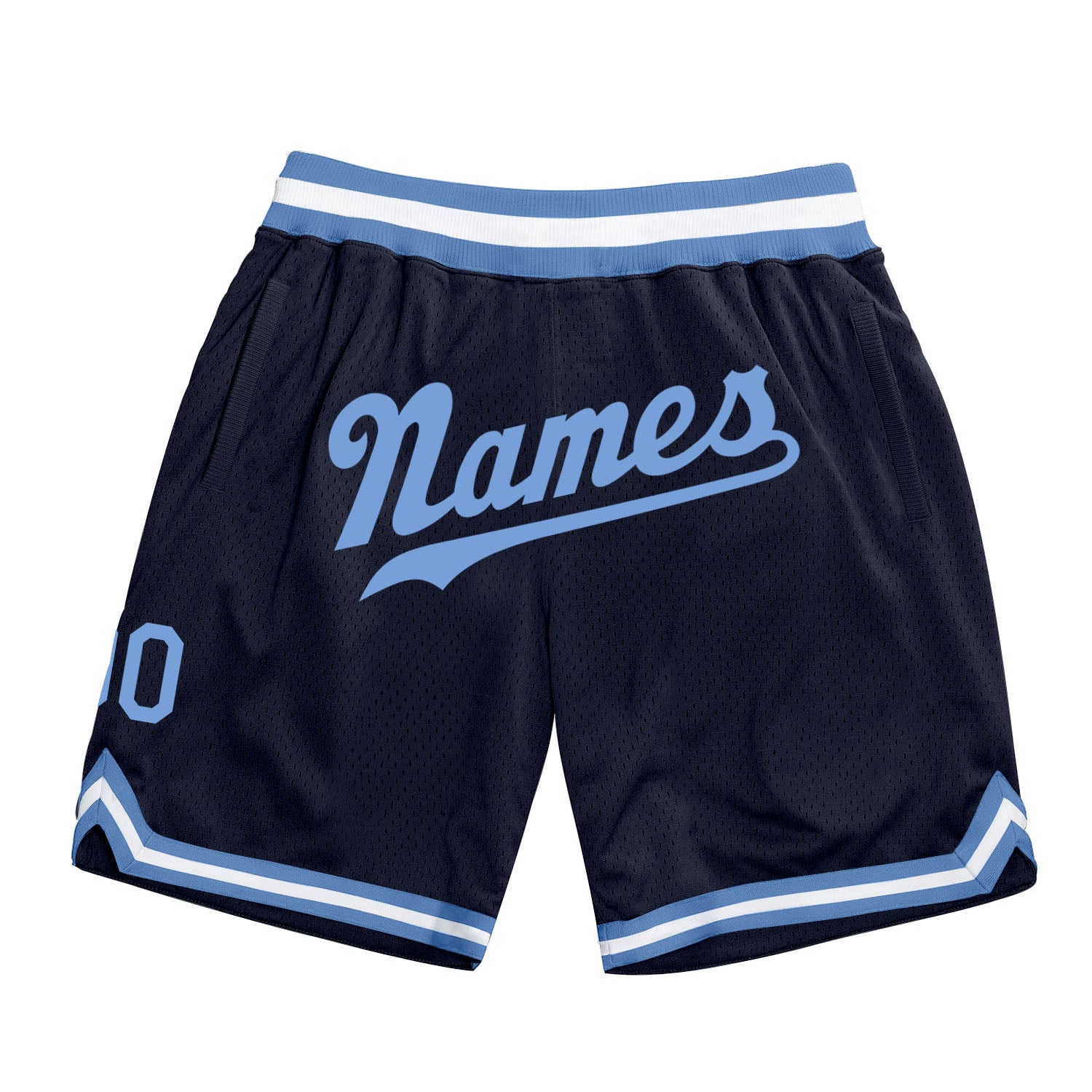 Custom Navy Light Blue-White Basketball Shorts with Team Name and Number - Authentic Throwback Design Personalized Navy Light