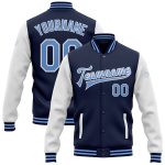 Personalized Two Tone Navy Light Blue Varsity Letterman Bomber Jacket Full-Snap Personalized Navy Light Blue-White Bomber