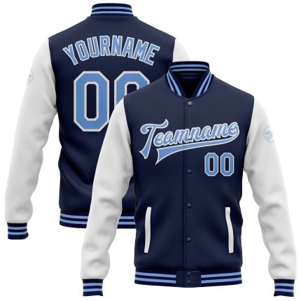 Personalized Two Tone Navy Light Blue Varsity Letterman Bomber Jacket Full-Snap Personalized Navy Light Blue-White Bomber