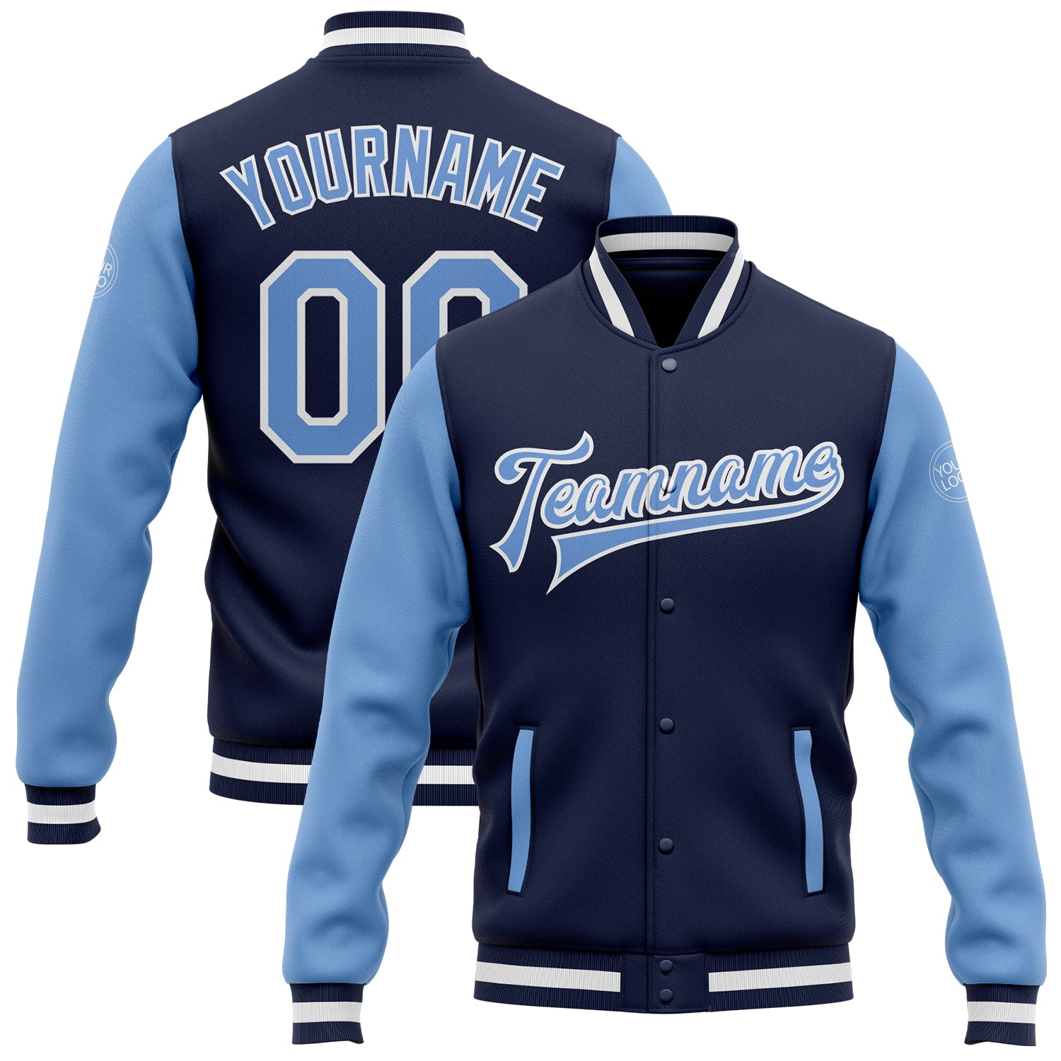 Custom Name Number Varsity Letterman Two Tone Jacket Navy Light Blue White Bomber Full-Snap Team Jacket Personalized Navy