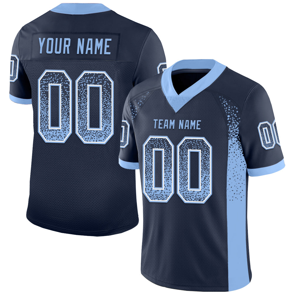 Custom Name Number Football Jersey - Personalized Navy Light Blue White Mesh Drift Design Personalized Navy Light Blue-White