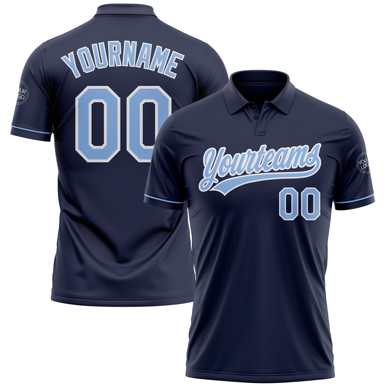 Custom Name and Number Performance Vapor Golf Polo Shirt - Personalized Navy Light Blue-White Personalized Navy Light Blue-White
