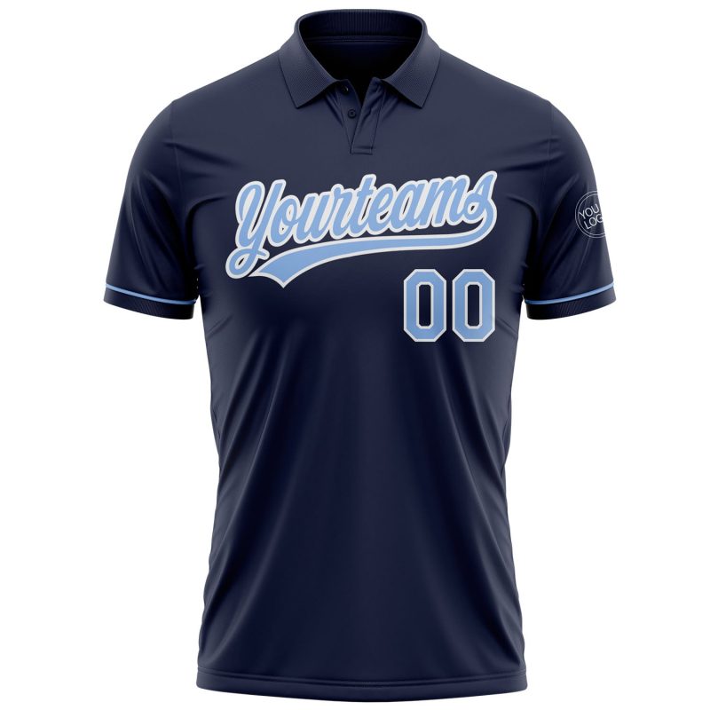 Custom Name and Number Performance Vapor Golf Polo Shirt - Personalized Navy Light Blue-White Personalized Navy Light Blue-White