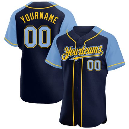 Custom Team Baseball Jersey with Name and Number - Personalized Navy Light Blue Yellow Authentic Raglan Sleeves Personalized
