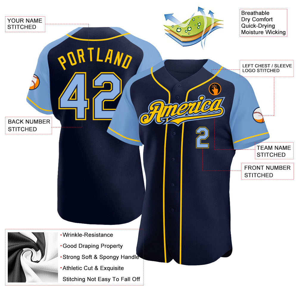 Personalized Navy Light Blue-Yellow Authentic Raglan Sleeves Baseball Jersey Team Custom Name and Number Custom Team Baseball Jersey with Name and Number - Personalized Navy Light Blue Yellow Authentic Raglan Sleeves Personalized - Image 3