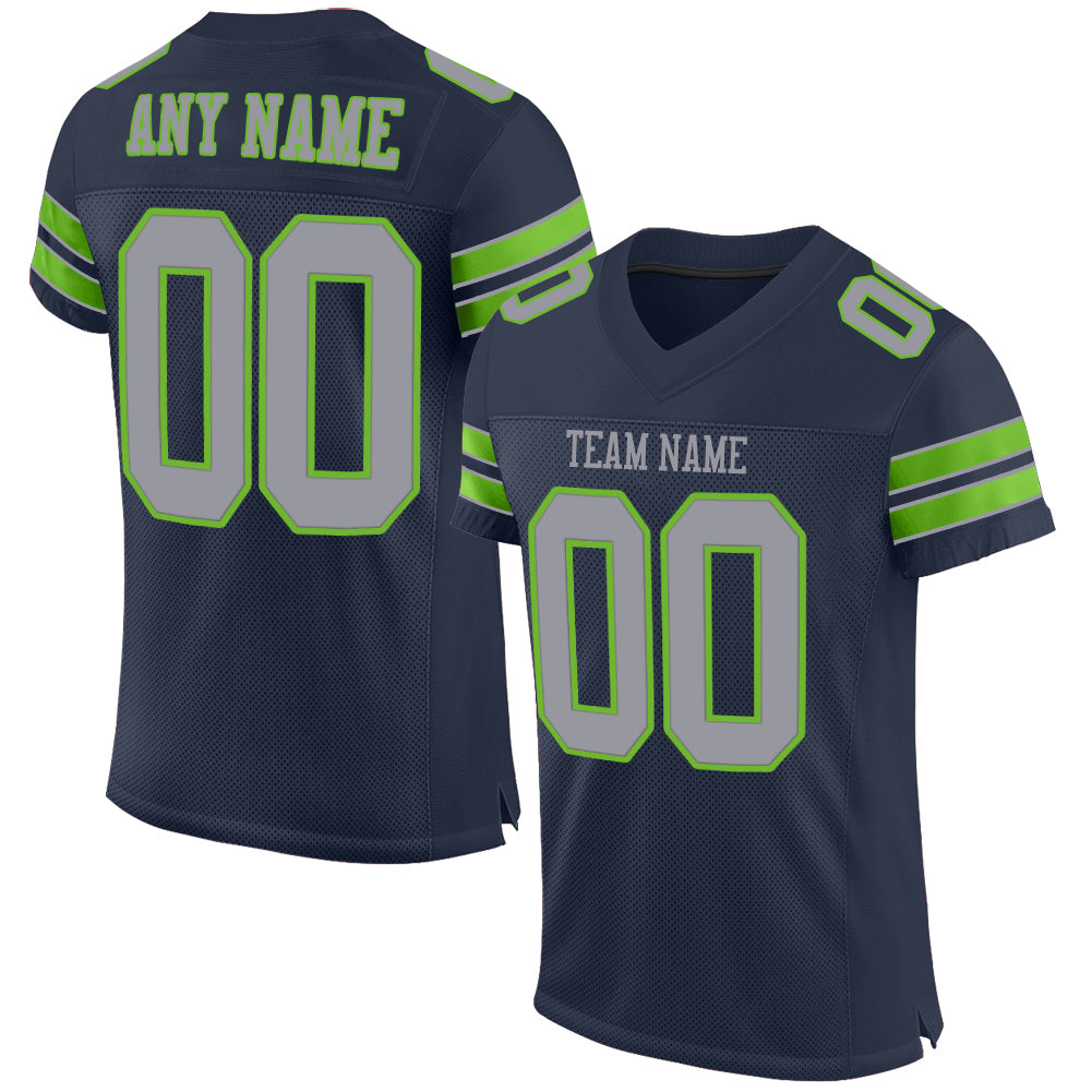 Customizable Navy Gray Neon Green Mesh Football Jersey with Team Name and Number Personalized Navy Light Gray-Neon Green