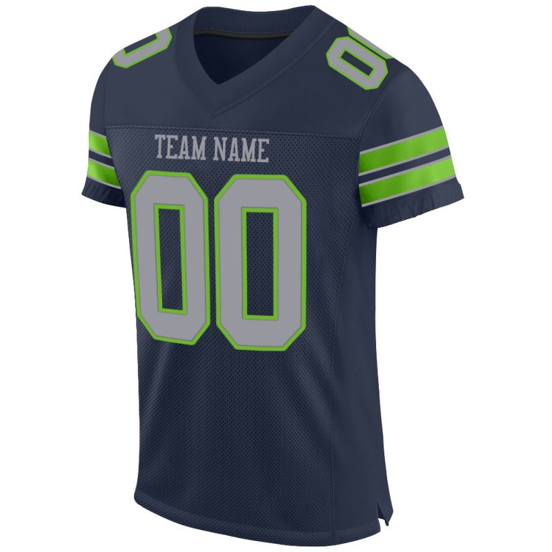 Customizable Navy Gray Neon Green Mesh Football Jersey with Team Name and Number Personalized Navy Light Gray-Neon Green