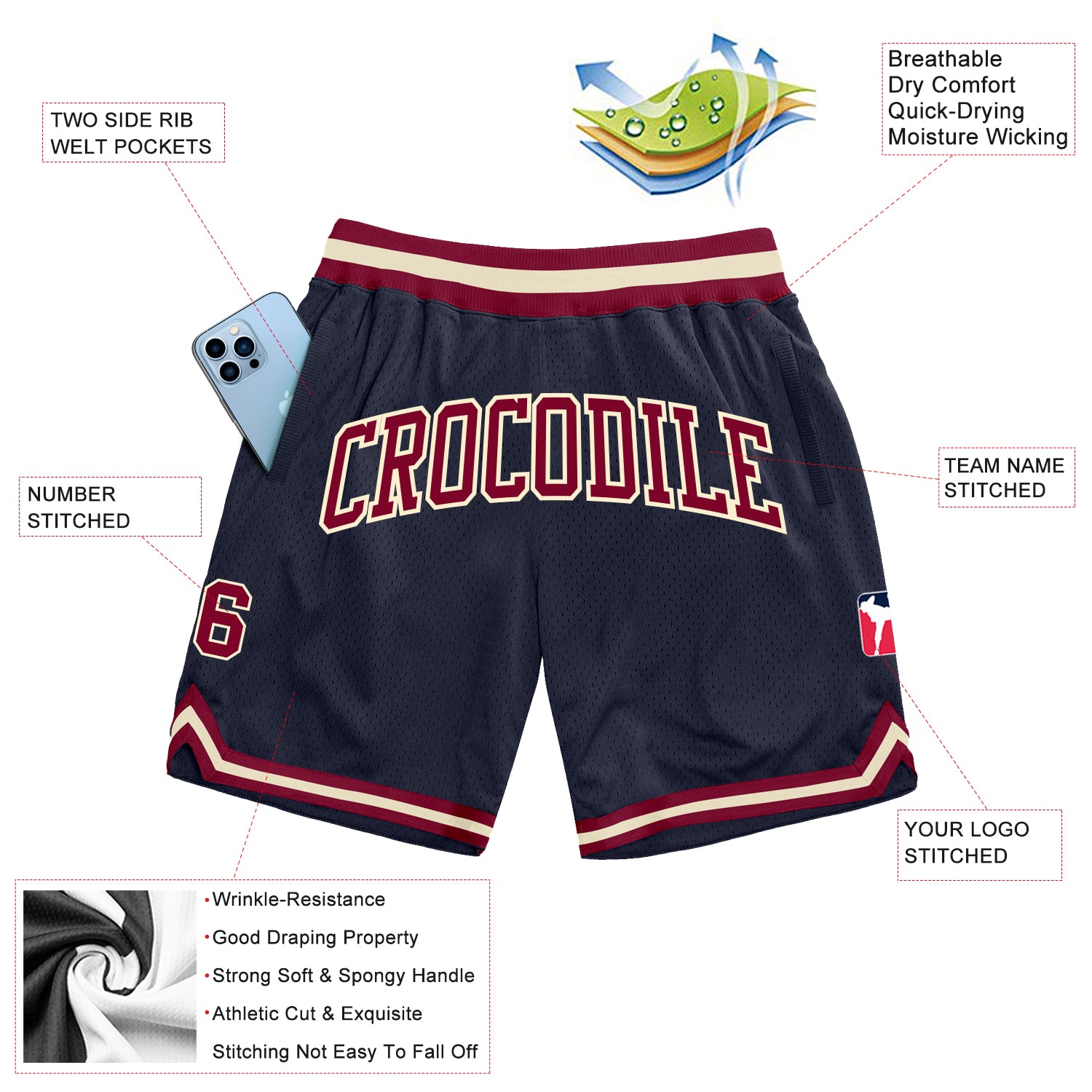 Personalized Navy Maroon-Cream Authentic Throwback Basketball Shorts Team Custom Name and Number Custom Team Name Number Authentic Throwback Basketball Shorts Navy Maroon Cream Personalize Your Style Personalized Navy - Image 2