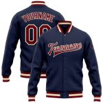 Custom Name and Number Navy Maroon-Cream Bomber Varsity Letterman Jacket - Personalized Full-Snap Team Style Personalized