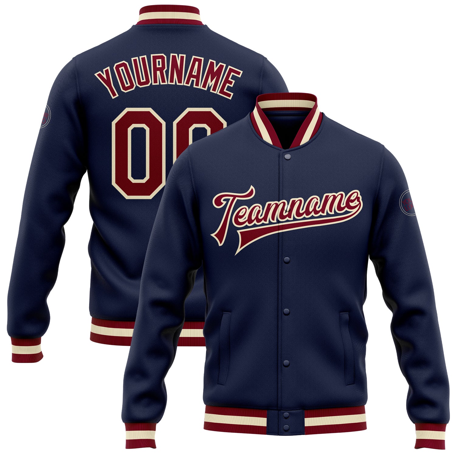 Custom Name and Number Navy Maroon-Cream Bomber Varsity Letterman Jacket - Personalized Full-Snap Team Style Personalized