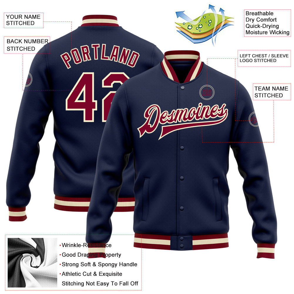 Personalized Navy Maroon-Cream Bomber Full-Snap Varsity Letterman Jacket Team Custom Name and Number Custom Name and Number Navy Maroon-Cream Bomber Varsity Letterman Jacket - Personalized Full-Snap Team Style Personalized - Image 3
