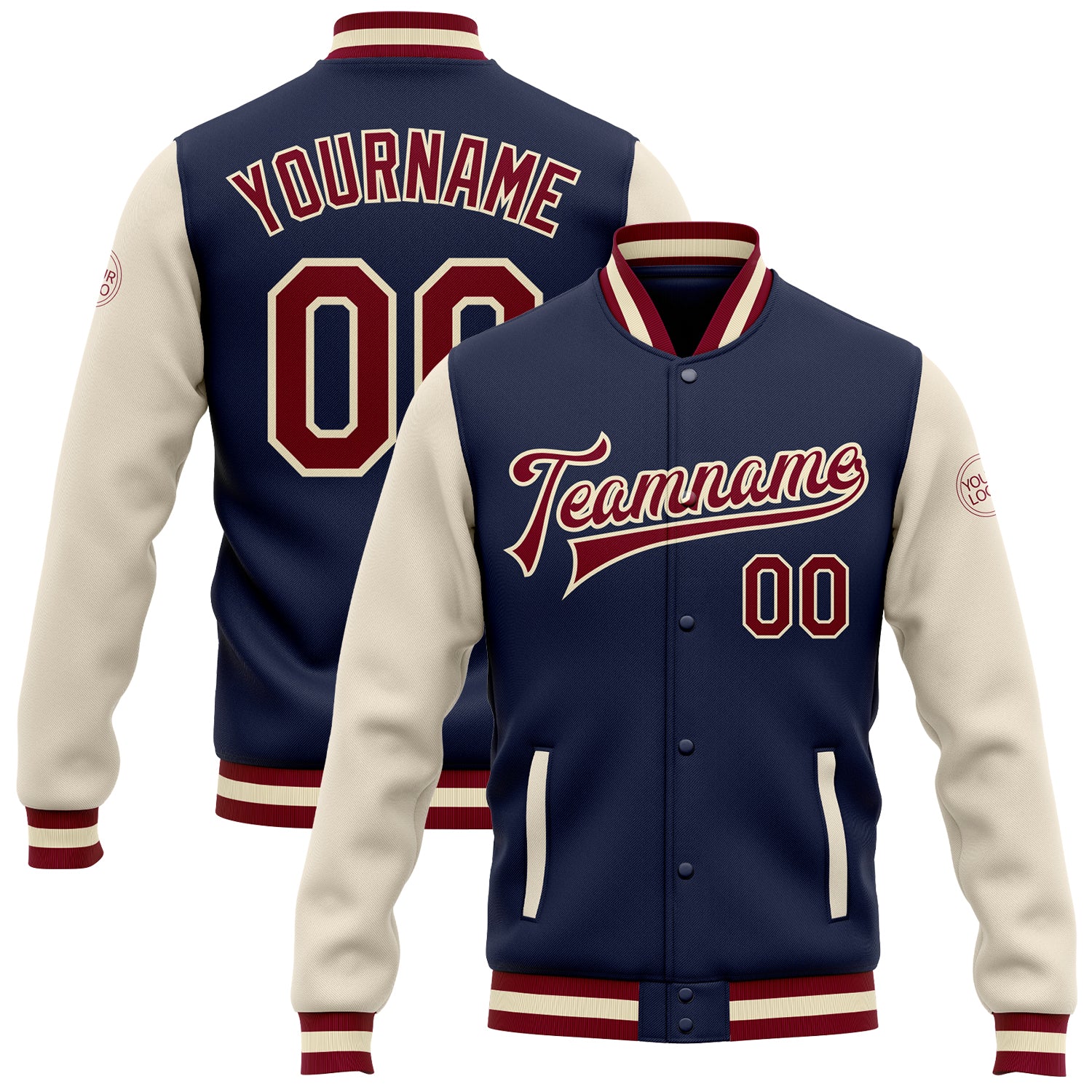 Custom Name and Number Two Tone Bomber Varsity Letterman Jacket - Personalized Navy Maroon-Cream Full Snap Design Personalized