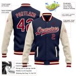 Custom Name and Number Two Tone Bomber Varsity Letterman Jacket - Personalized Navy Maroon-Cream Full Snap Design Personalized