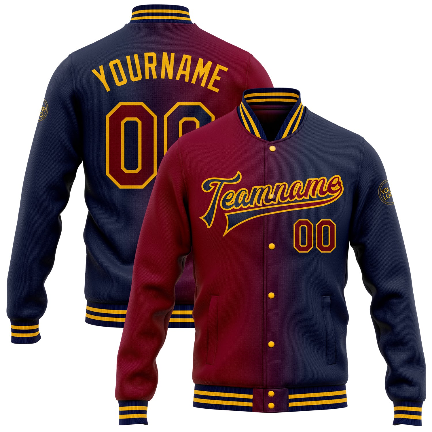 Custom Name and Number Gradient Bomber Jacket in Navy Maroon-Gold Full-Snap Varsity Letterman Style Personalized Navy Maroon-Gold