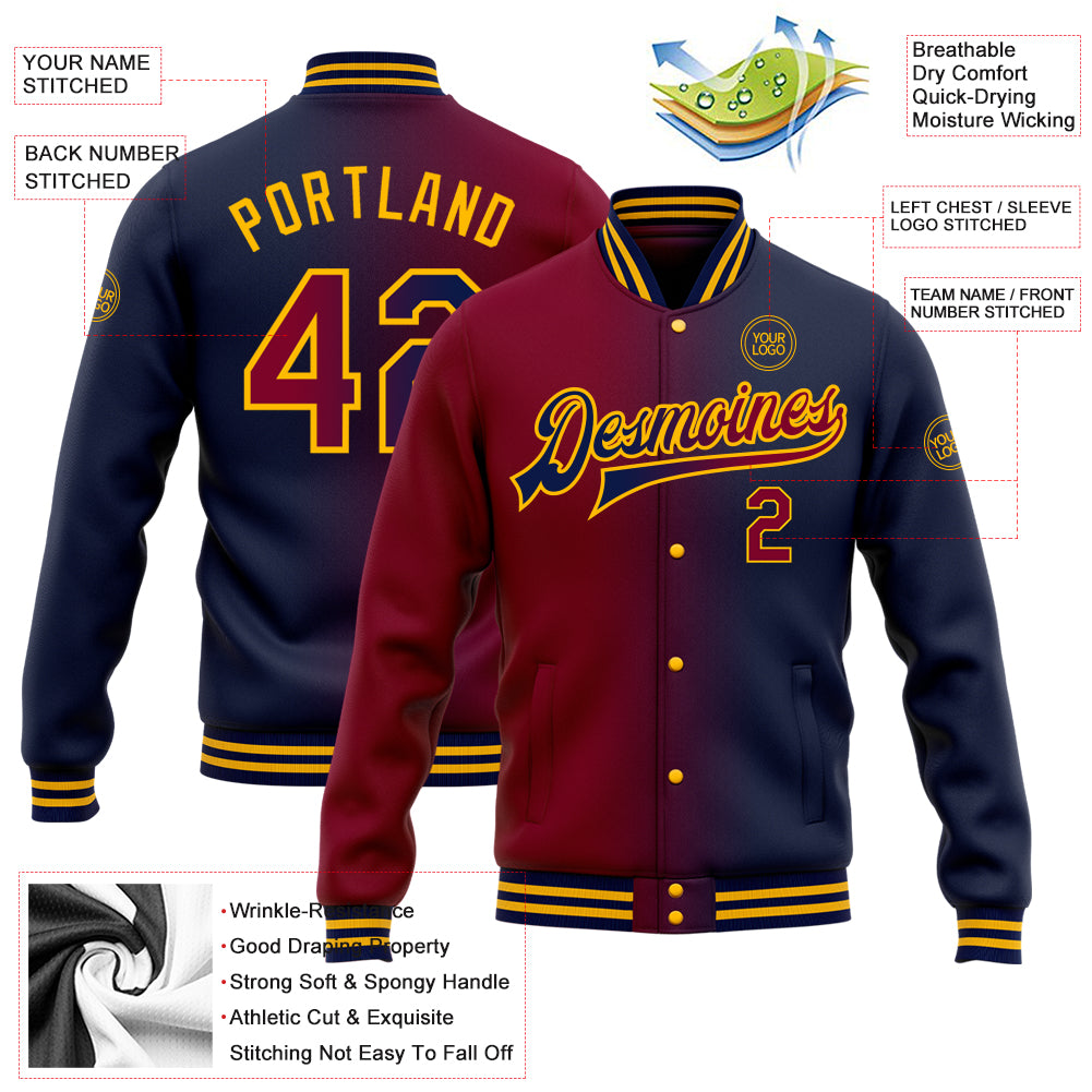 Personalized Navy Maroon-Gold Bomber Full-Snap Varsity Letterman Gradient Fashion Jacket Team Custom Name and Number Custom Name and Number Gradient Bomber Jacket in Navy Maroon-Gold Full-Snap Varsity Letterman Style Personalized Navy Maroon-Gold - Image 3