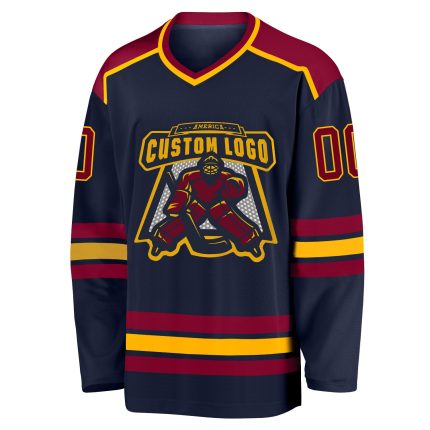 Custom Name and Number Hockey Jersey - Personalized Navy Maroon-Gold Team Jersey Personalized Navy Maroon-Gold Hockey Jersey