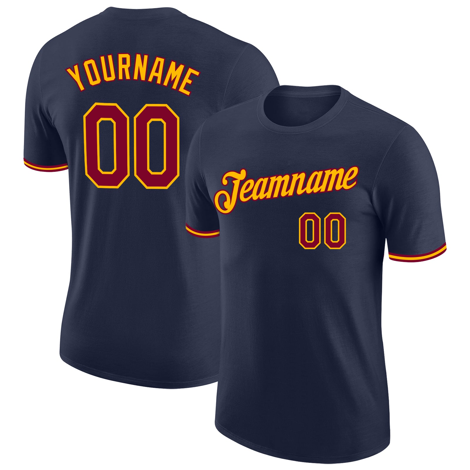 Custom Team Performance T-Shirt with Name and Number in Navy Maroon-Gold Personalized Navy Maroon-Gold Performance T-Shirt
