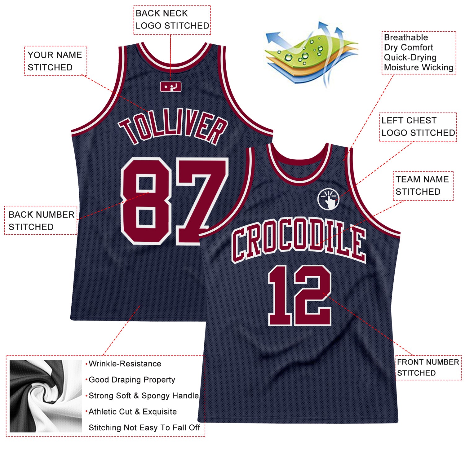 Personalized Navy Maroon-White Authentic Throwback Basketball Jersey Team Custom Name and Number Custom Name and Number Authentic Basketball Jersey - Personalized Navy Maroon-White Throwback Design Personalized Navy Maroon-White - Image 2