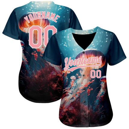 Custom Name and Number Authentic Baseball Jersey, 3D Jellyfish Underwater Design, Navy Medium with Pink-White Pattern Personalized
