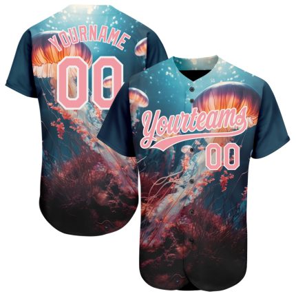 Custom Name and Number Authentic Baseball Jersey, 3D Jellyfish Underwater Design, Navy Medium with Pink-White Pattern Personalized