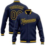 Custom Name and Number Navy and Gold Varsity Letterman Bomber Jacket - Personalized Full-Snap Team Jacket Personalized Navy