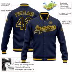 Custom Name and Number Navy and Gold Varsity Letterman Bomber Jacket - Personalized Full-Snap Team Jacket Personalized Navy
