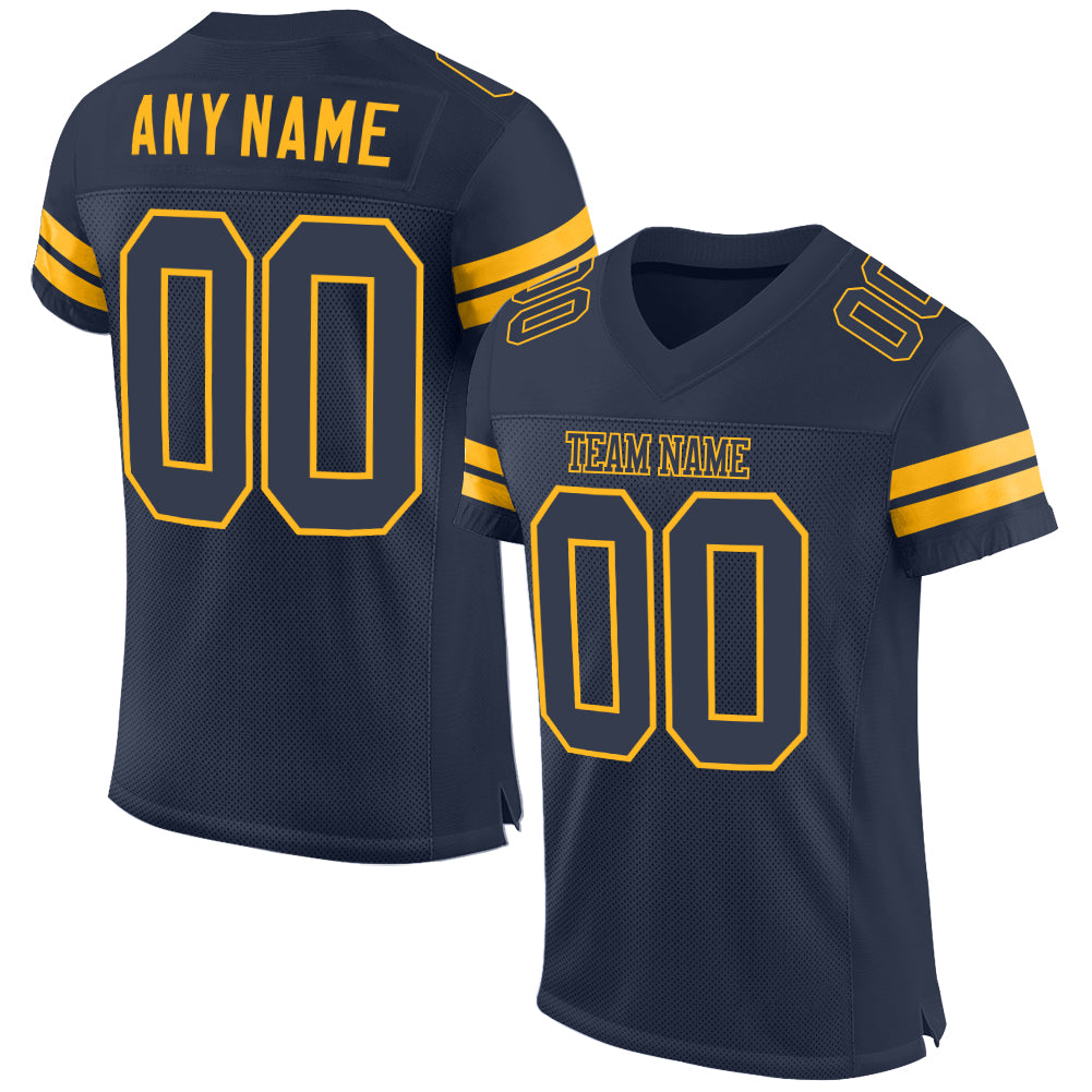 Custom Navy-Gold Football Jersey with Personalized Name and Number - Authentic Mesh Design Personalized Navy Navy-Gold Mesh