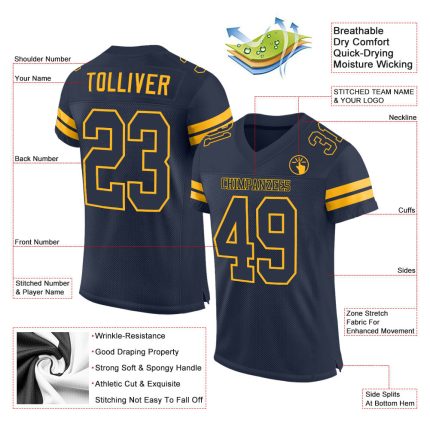 Custom Navy-Gold Football Jersey with Personalized Name and Number - Authentic Mesh Design Personalized Navy Navy-Gold Mesh