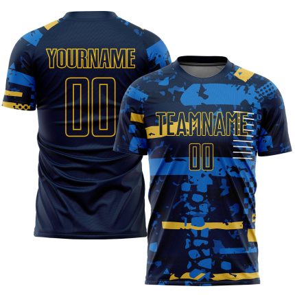 Custom Navy Gold Soccer Jersey with Personalized Name and Number, Team Uniform Personalized Navy Navy-Gold Sublimation Soccer