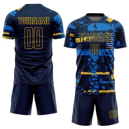 Custom Navy Gold Soccer Jersey with Personalized Name and Number, Team Uniform Personalized Navy Navy-Gold Sublimation Soccer