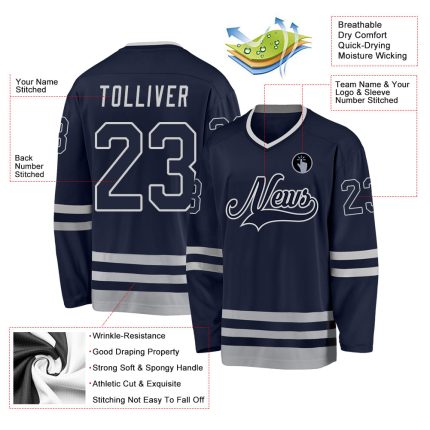 Custom Name and Number Personalized Navy Gray Hockey Jersey for Team Personalized Navy Navy-Gray Hockey Jersey Team Custom