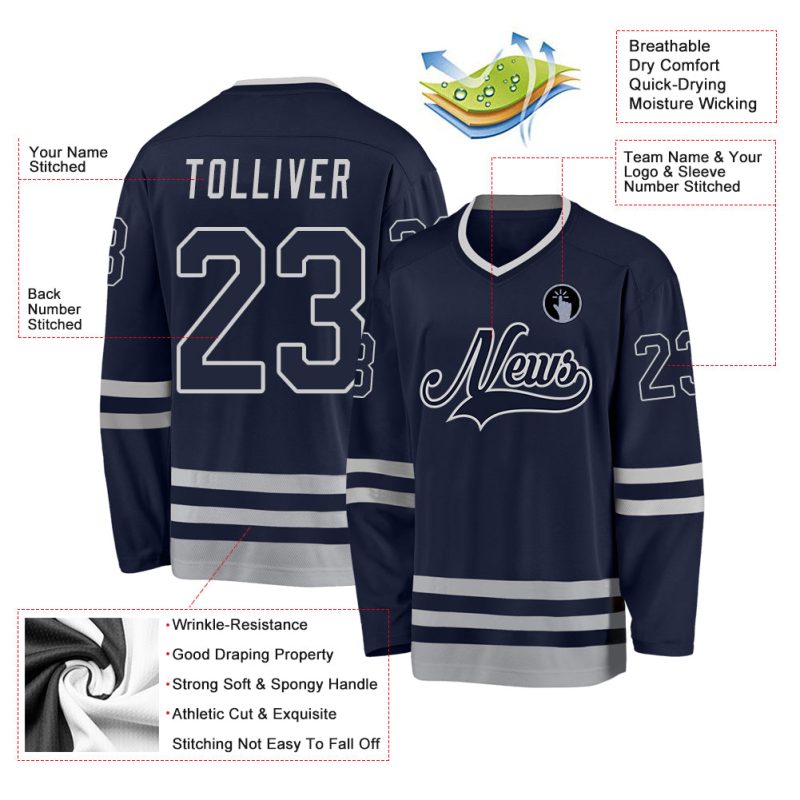Custom Name and Number Personalized Navy Gray Hockey Jersey for Team Personalized Navy Navy-Gray Hockey Jersey Team Custom