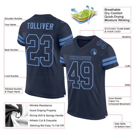 Custom Navy and Light Blue Football Jersey - Personalized Team Name and Number Authentic Mesh Personalized Navy Navy-Light