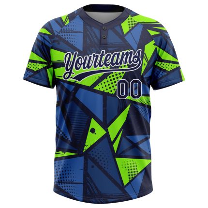 Custom Name and Number Unisex Softball Jersey in Navy-Neon Green 3D Pattern - Personalized Two-Button Design Personalized