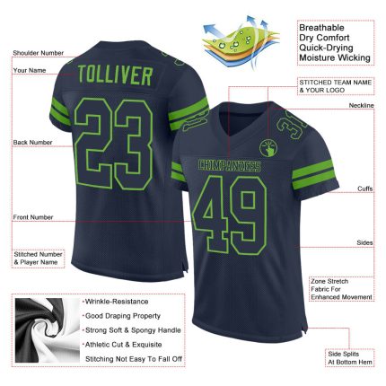 Custom Personalized Neon Green and Navy Authentic Football Jersey with Name and Number Personalized Navy Navy-Neon Green