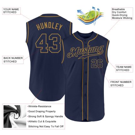 Authentic Personalized Navy Old Gold Sleeveless Baseball Jersey with Custom Name and Number Personalized Navy Navy-Old Gold