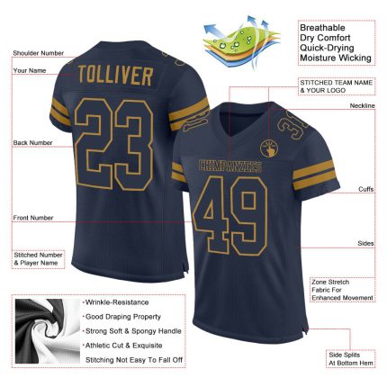 Custom Navy-Old Gold Football Jersey with Personalized Name and Number | Authentic Mesh Team Gear Personalized Navy Navy-Old
